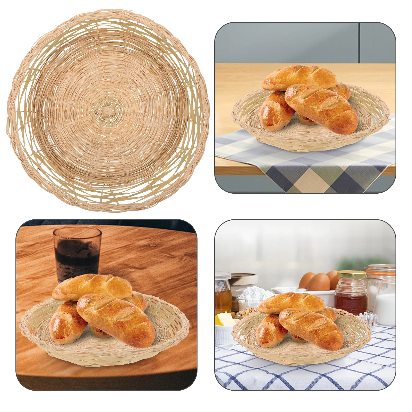 

1pcs Round Rattan Bread Basket With Heat Insulation Tray Natural Wicker Serving Dish For Kitchen Dining Picnic Food Storage