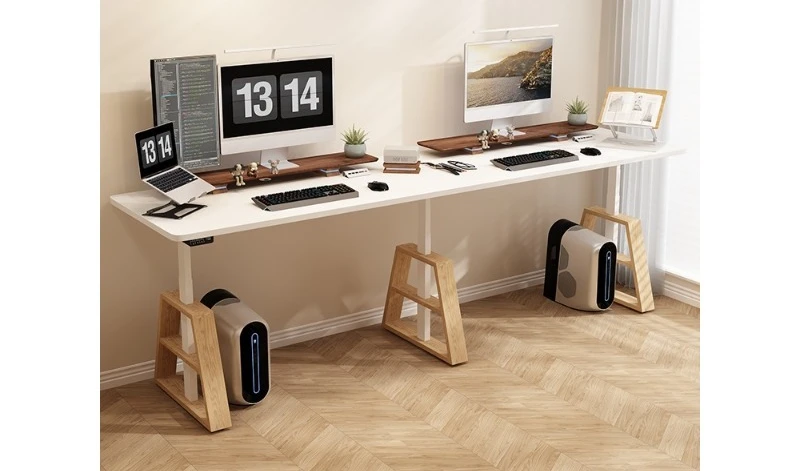 Three-motor lengthened double solid wood desk electric lifting computer strip desk