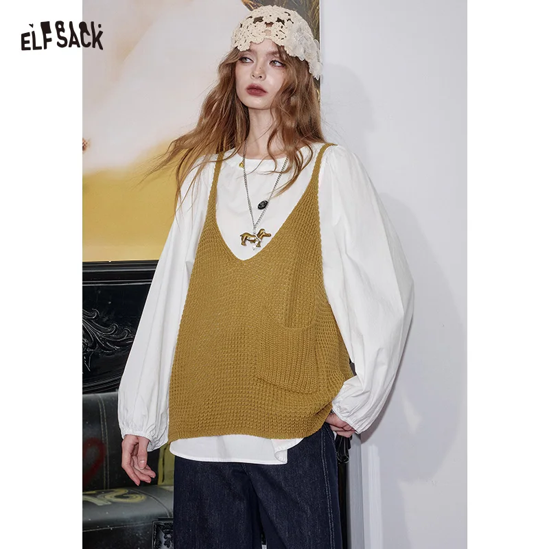 

ELFSACK 2025, осенние новые поступления, повседневная свободная одежда для дома, жилет с рукавами-фонариками, комплект из двух предметов для женщин