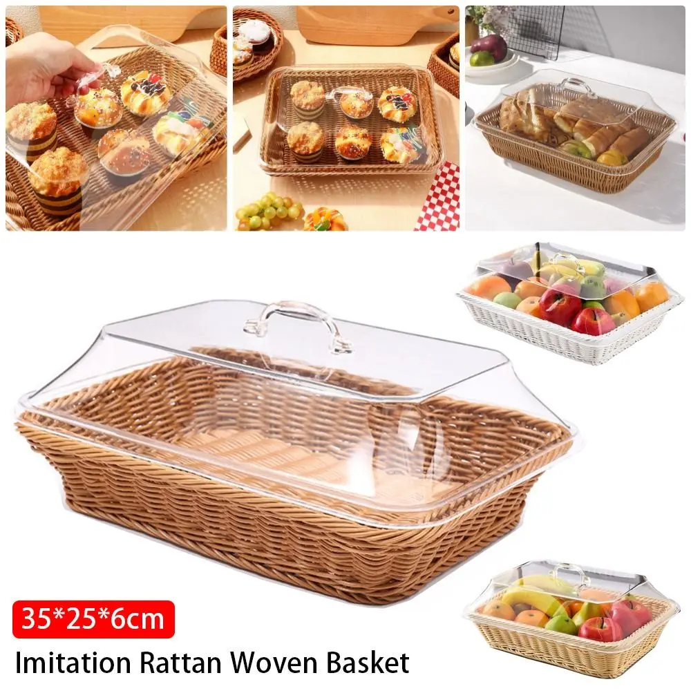 

1Pcs Imitation Rattan Woven Basket Lid Transparent Vegetable Bread Serving Food Serving Basket with Acrylic Lid Tabletop