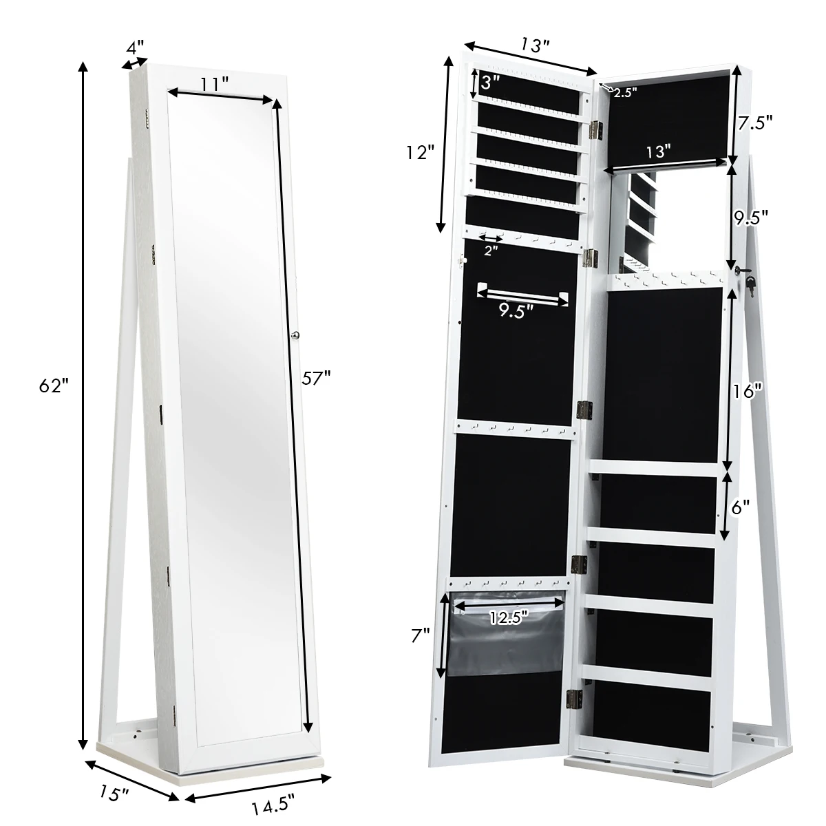 Mirrored Jewelry Cabinet Armoire Lockable Standing Storage Organizer W/ Shelf