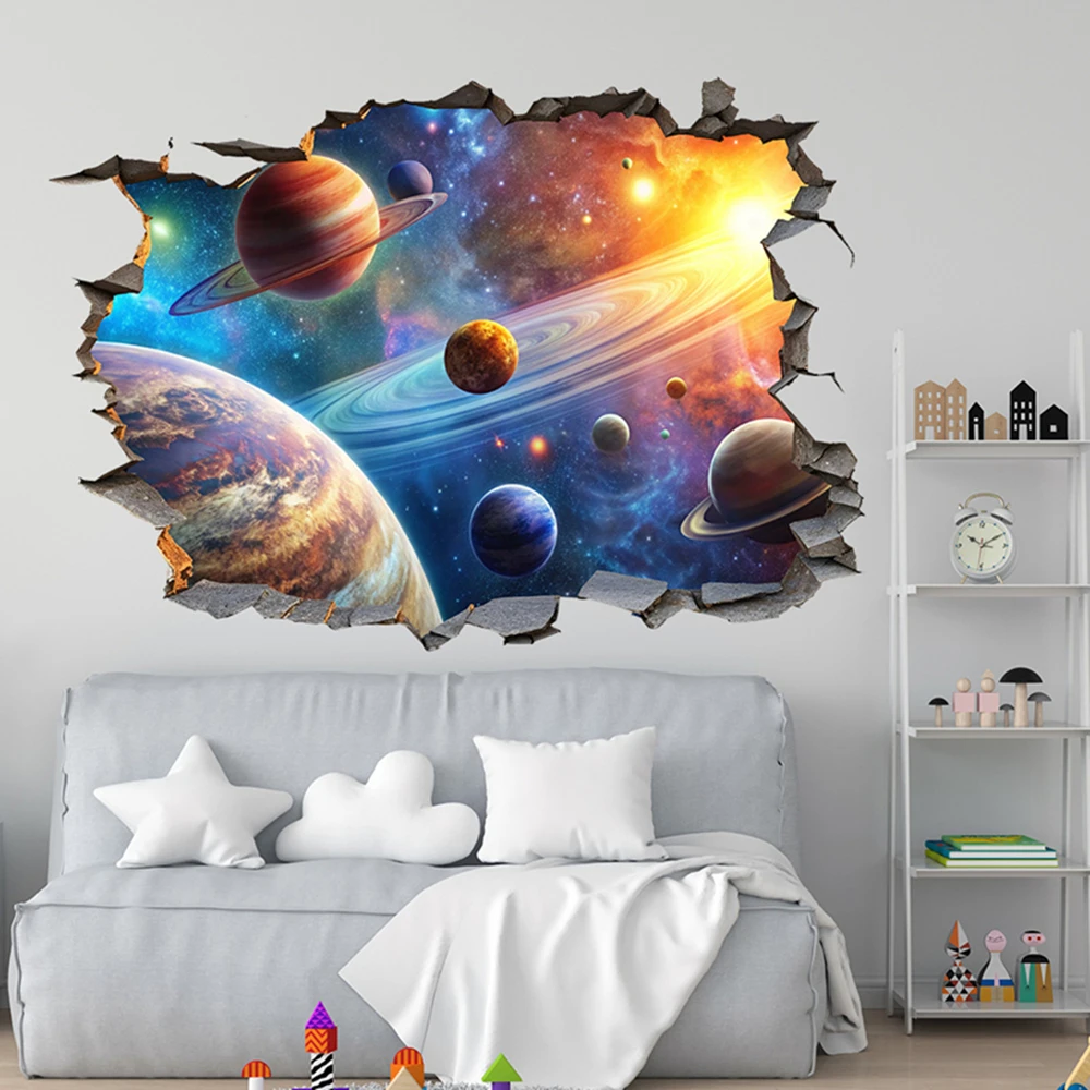 1Pc 3D Broken Hole Wall Art Space Planet Stickers Galaxy Universe Removable Vinyl Mural Decal for Living Room DIY Home Decor