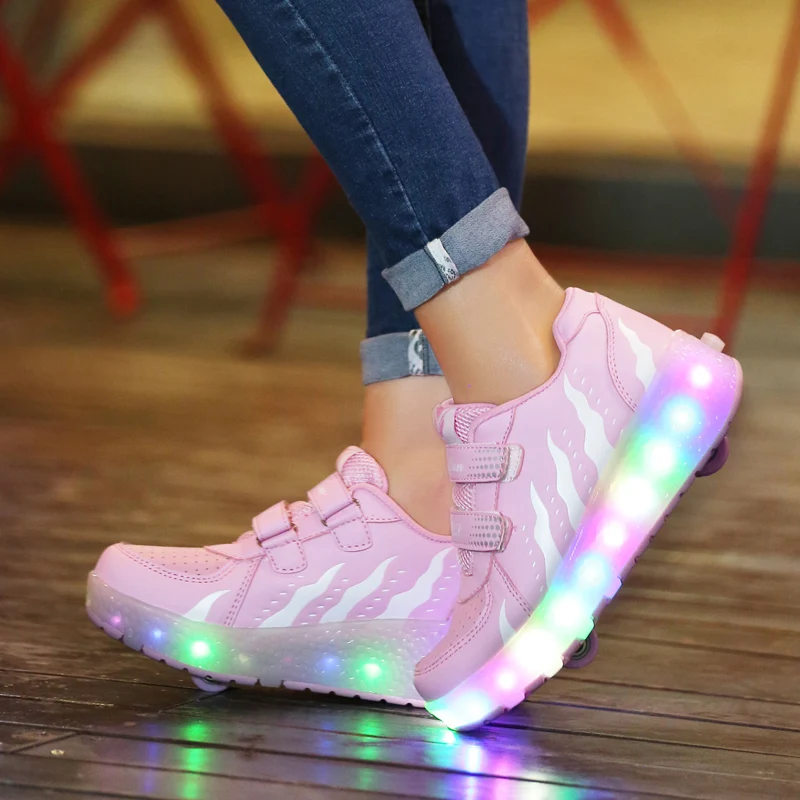 Kids Roller Skates LED Light Shoes with 2 Wheels Professional Boys Wheeled Sneakers Rollers Removable Inline Powerslide Skates