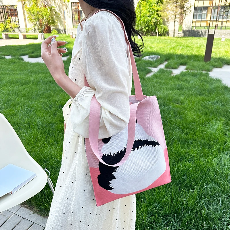 Cute panda pattern women\'s knitted tote shoulder bag Shopping bag Mom bag leisure shopping shopping holiday