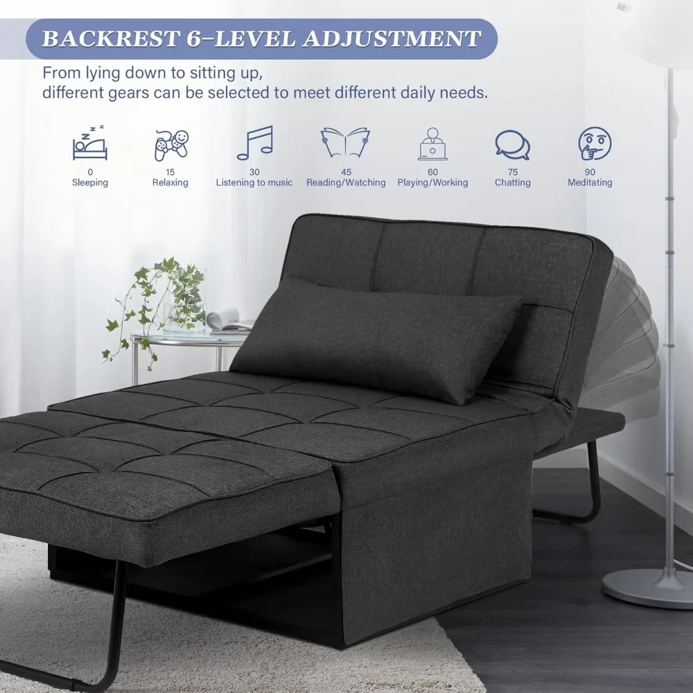 Multifunctional 4-in-1 Convertible Sleeper Sofa with Ottoman, Breathable Linen Fabric, Adjustable Backrest for Comfortable Seati