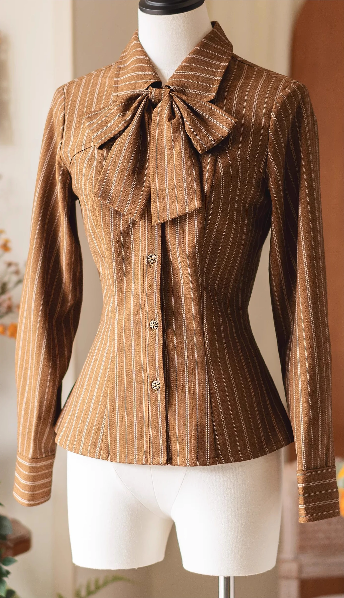 

British Vintage Elegant Commuter Waist Striped Autumn Winter Blouses Versatile Turn Down Collar Long Sleeve Bow Shirt Top Women