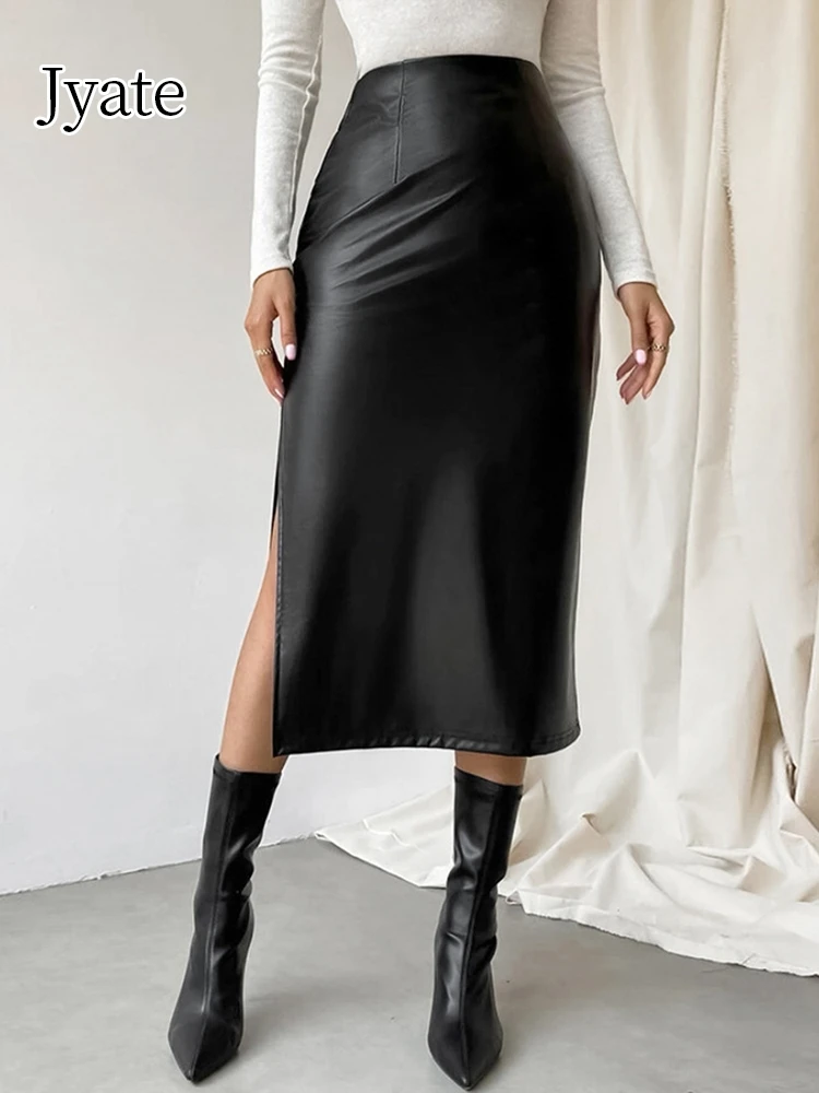 

Jyate Elegant Faux Leather Black Skirts Women Autumn Winter 2024 High Waist Midi Skirts Slim Office Ladies Bodycon Split Skirts