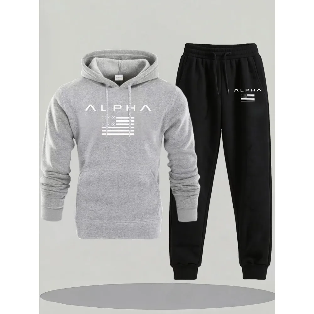 بدلة على الموضة للرجال لخريف وشتاء 2025، سويت شيرت بقلنسوة مريح ومطبوع للرجال مع جيوب #4