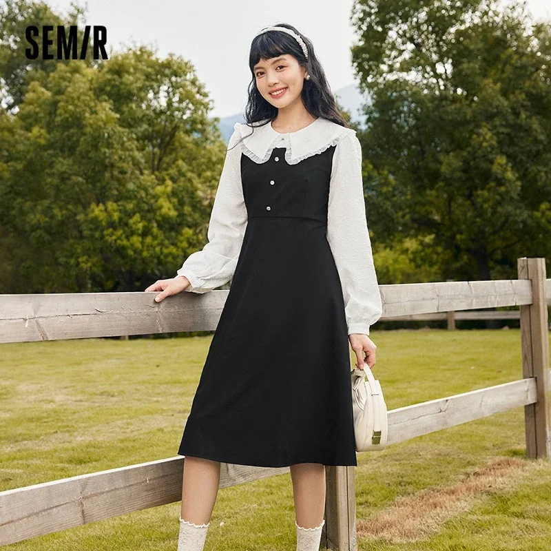 

Semir Dress Women Black And White Stitching Texture Commuter 2022 Autumn New Contrast Color Midi Dress Gentle Style