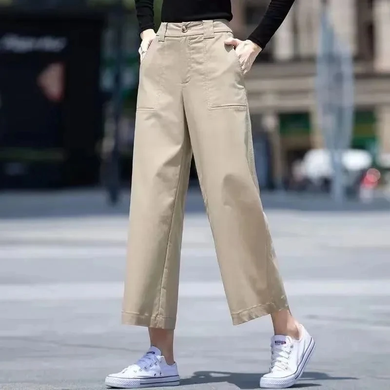 Korean Female Nine Points Straight Cylinder Wide Leg Pant Women Solid Color New High Waisted Thin Trousers Lady Casual Pantalons