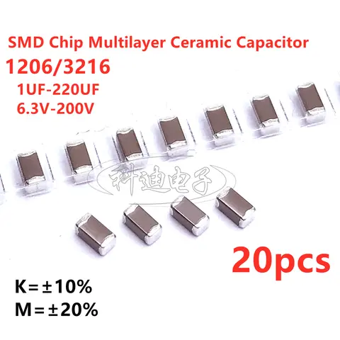 20pcs 1206 3216 SMD Capacitor 1UF 2.2UF 4.7UF 10UF 22UF 47UF 100UF 220UF 10V 16V 25V 35V 50V 63V 100V 200V X7R X5R ±10%=K ±20%=M