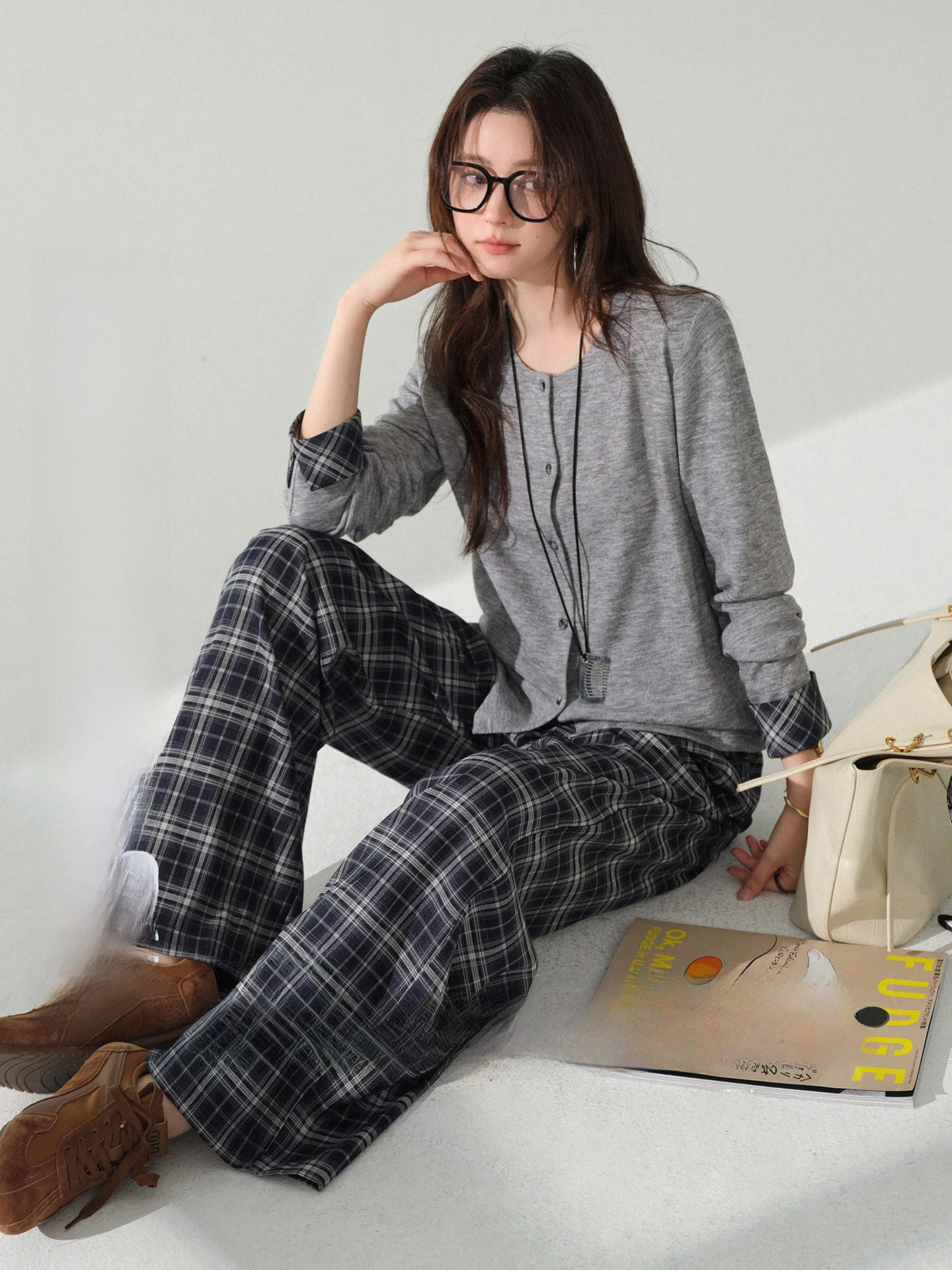 

Женская эластичная длинная футболка в клетку Bunny Plaid Splice Ne, осенняя винтажная свободная многослойная футболка, повседневный полиэтиленовый топ