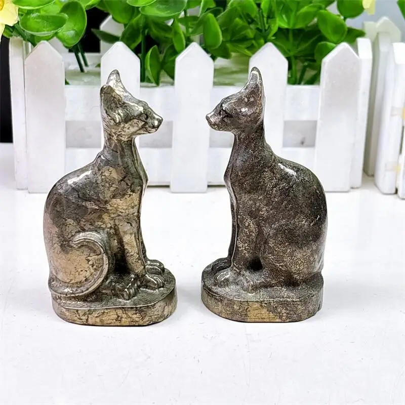 Natural Pyrite Egyptian Mau Carving Statue Crafts Animal Polished Healing Figurine Home Ornament Gift 1PCS