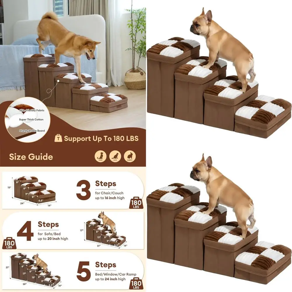 

4-ступенчатая складная лестница для собак с местом для хранения маленьких собак — клетчатая конструкция в виде шахматной доски, коричневая
