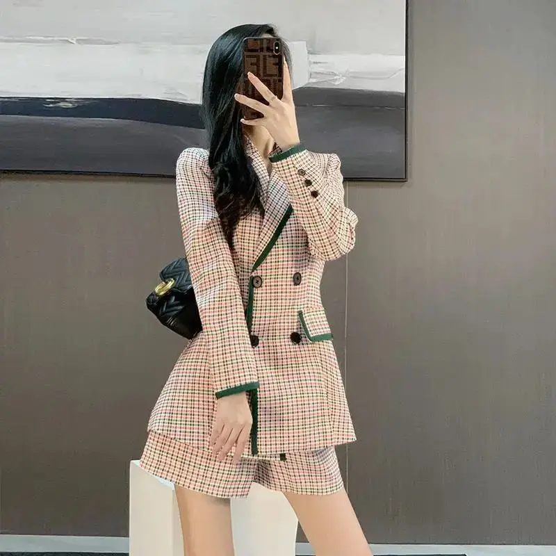 Women\'s Spring and Autumn Fashion Checker Blazer Suit Korean Elegant Chic Casual Suit Coat Shorts Two Piece Set Female Clothing