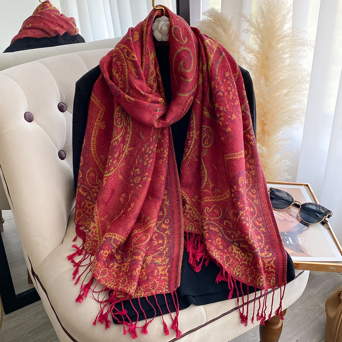 Neue Mode Damen Faux Kaschmir Winter Wrap Vintage Print Quasten Dicke Warme Pashmina Zweiseitiger Schal Outdoor Schals Foulard – Detail 8
