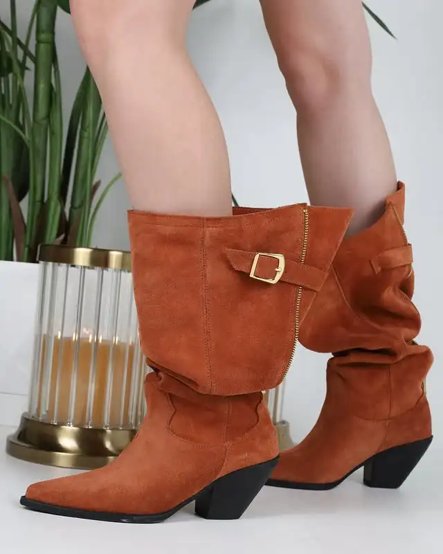 2026 Mid-Calf Boots For Women Fashion Pointed Toe High Heels Club Sexy Dance Shoes Brown Suede Back Zipper Female Boots 44 view 3