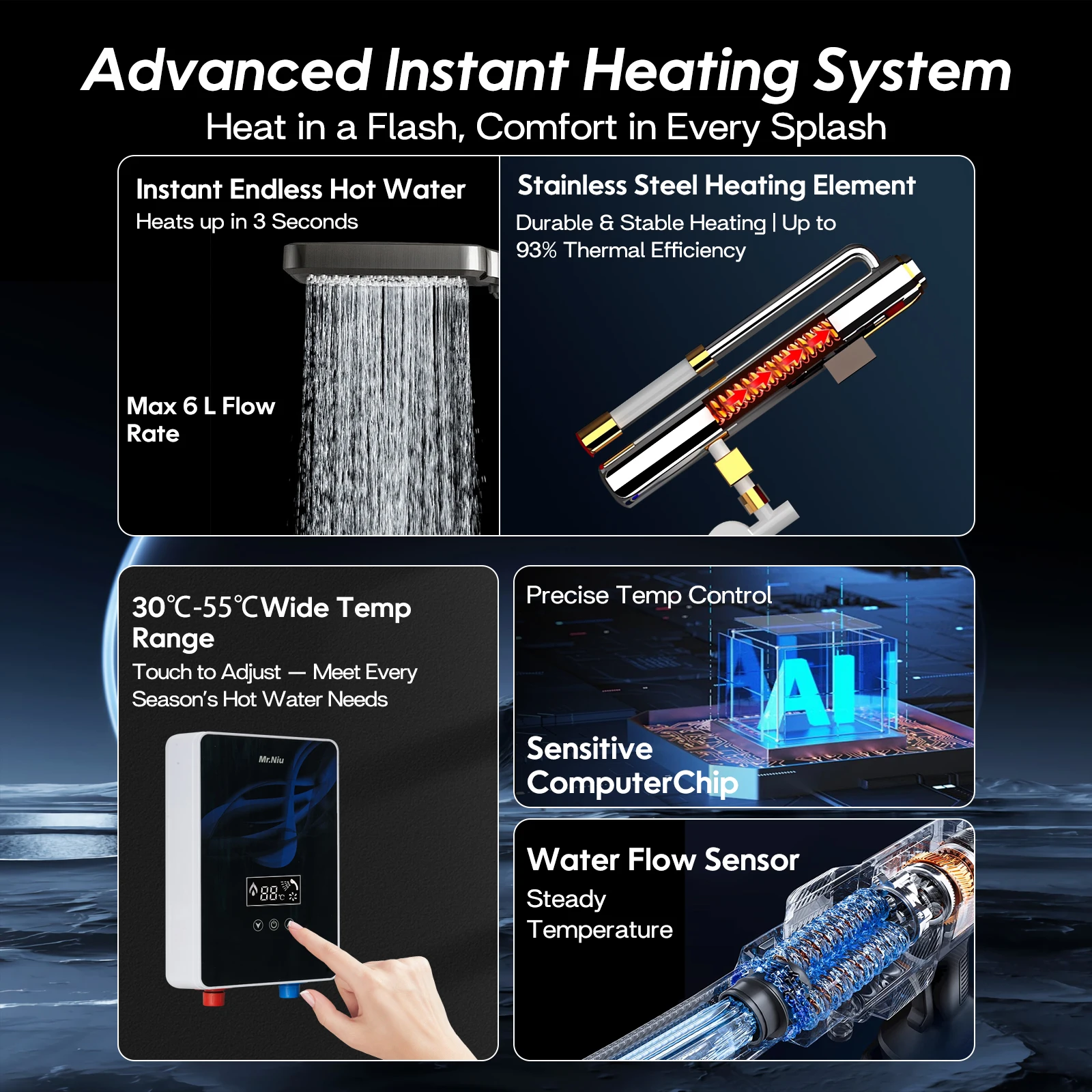 سخان مياه كهربي فوري دش الحمام عند الطلب الماء الساخن 220-240 فولت 6001 واط LED شاشة ديجيتال درجة الحرارة أوتوماتيكية