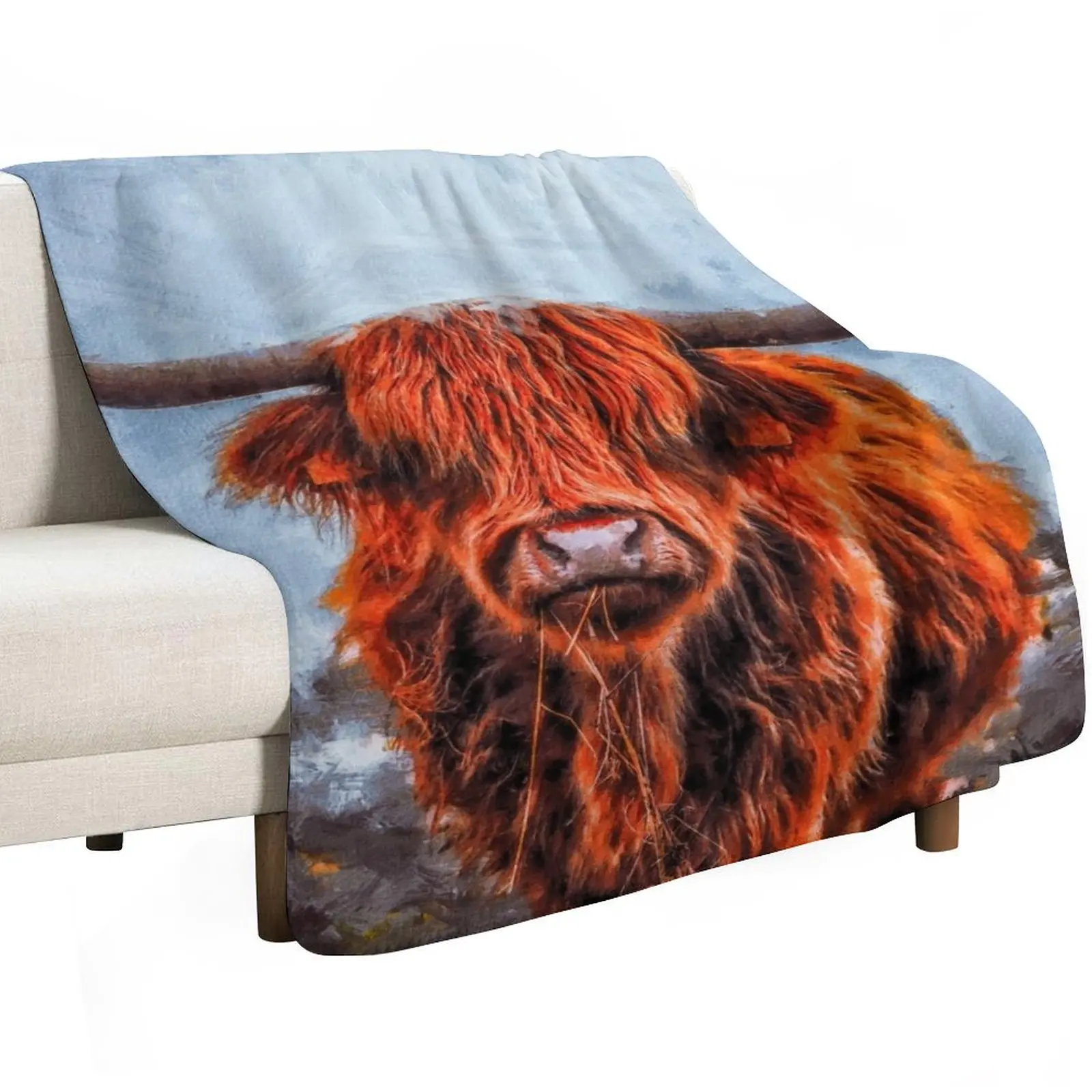 Scottish Hairy Highland Cow painting, Cute Highland Cattle Calf, Highland Cattle Cow Oil Paint, Cute Cow Throw Blanket