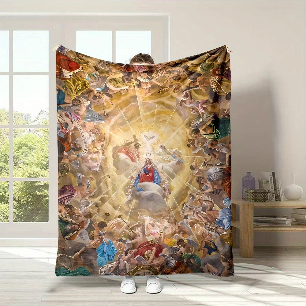 Sacred Virgin Mary Angels Heaven Religious Oil Print Blanket,Light Flannel Throw For Couch Room, Vintage Faith Art Daily Blanket