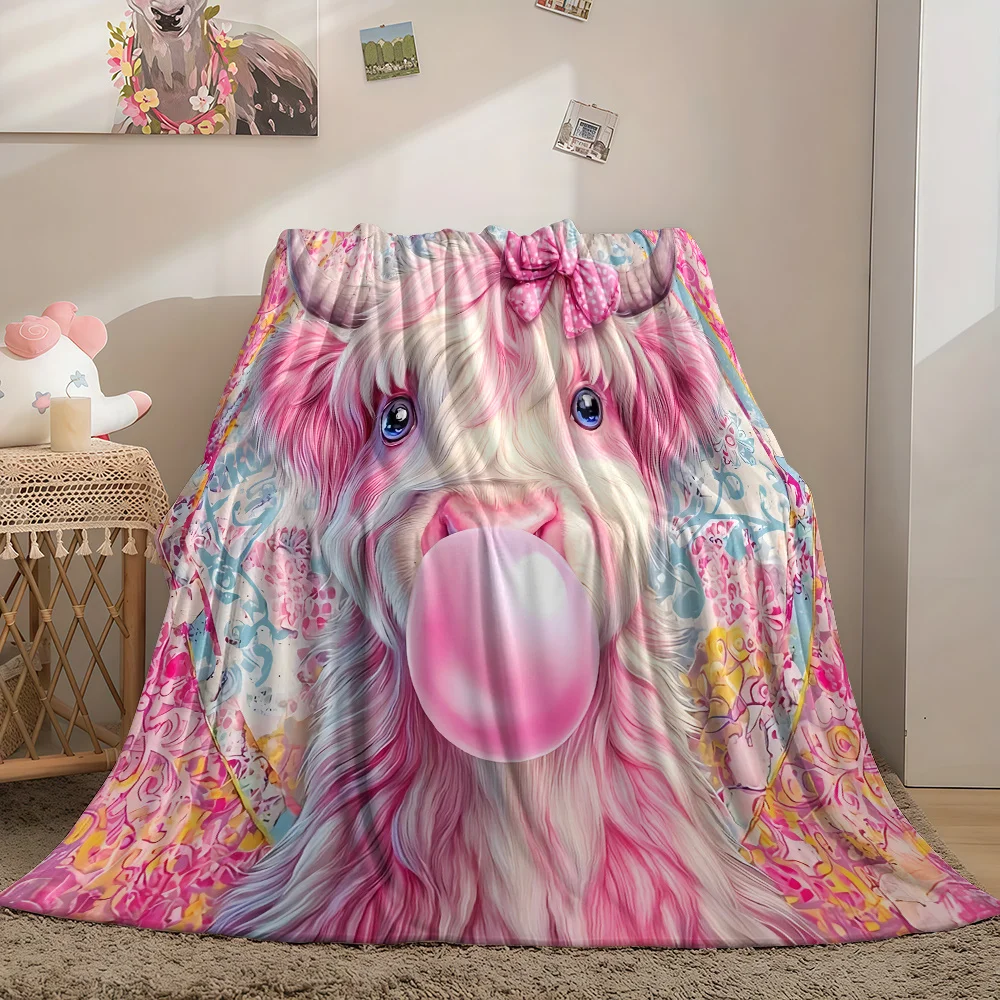 1pc Blow-Up Balloon Highland Cattle Print High-Definition Digital Printing Soft Flannel Blanket, Suitable for Camping, Travel, H