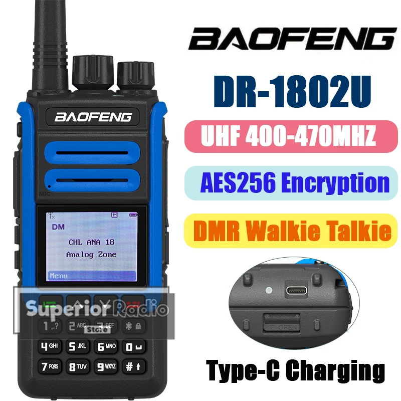 Baofeng DR-1802U DMR Digital Walkie Talkie AES256 Encryption Type-C Charging 5W UHF 400-470MHZ Dual Mode Analog 1024 Channel SMS