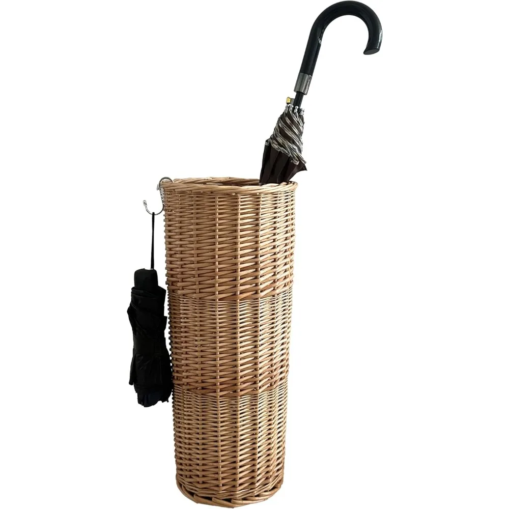 

Rattan Umbrella Stand for Entryway, 21.2H x 9.4L x 9.4W, Detachable Drip Tray & 2 Metal Hooks – Storage for Umbrellas