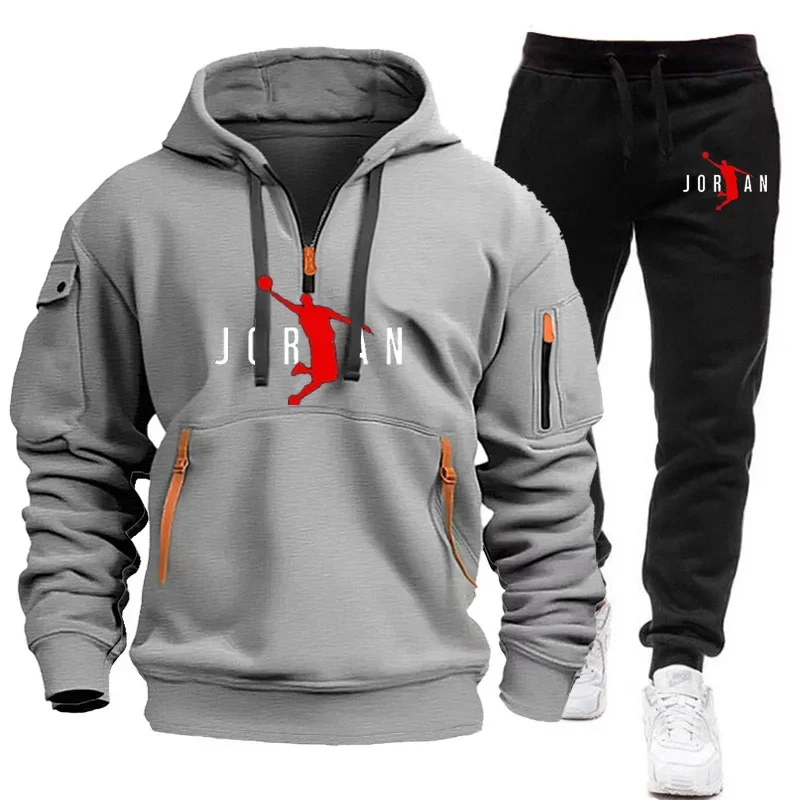 Agasalho masculino outono e inverno, elegante jumper de jogging ao ar livre + calças 2 conjuntos, novo moletom com capuz masculino, terno de lazer