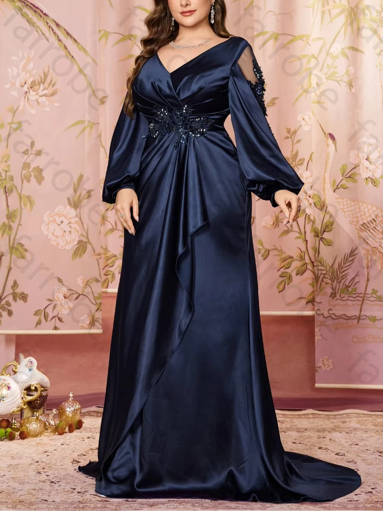 Maßgeschneiderte Satin-Abendkleider mit V-Ausschnitt, Spitze, langen Ärmeln und Falten, elegantes Promi-Kleid, exquisite hochwertige Abendkleider für Abschlussball und Party