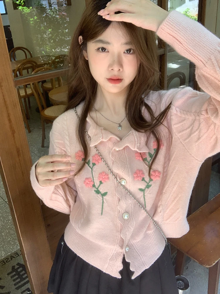 KIMOKOKM Korea Preppy Style Sweet Girl Crochet Hollowed Out O-Neck Cute Flower Twists Cardigan Full Sleeve Pink Knitting Sweater