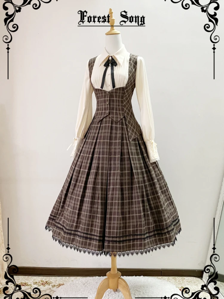 Japanese Style Simple Elegant Retro Lolita SK Lace Stitching High Waist A-line Stripes Pleated Long Skirts for Women Summer 2024