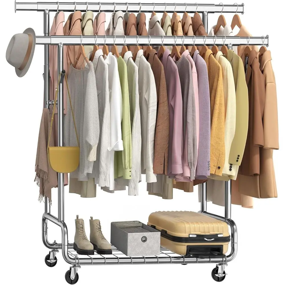 

Heavy-Duty Rolling Garment Rack with Double Hanging Bars, Adjustable Height, Portable, Silver
