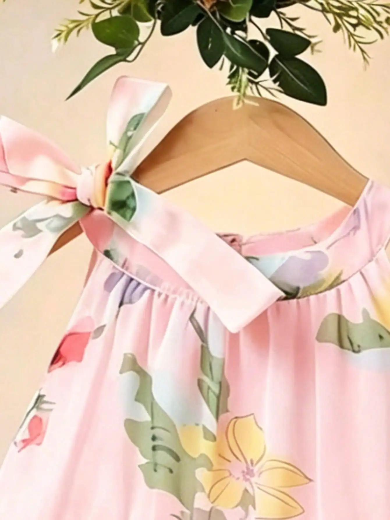 Mädchen Lässiges Bequemes Rundhals-Ärmelloses Kleid mit Blumen- und Blattdruck A-Linien-Rock Kinderbekleidung – Detail 6