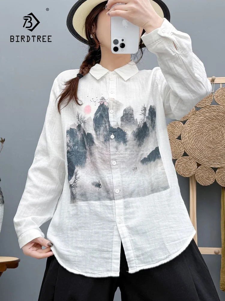 

New 2025 Autumn Cotton Yarn Long Sleeve Shirt, Women Turn-down Collar Print, Mori Girl Versatile Commute Loose Blouse T5N286CC