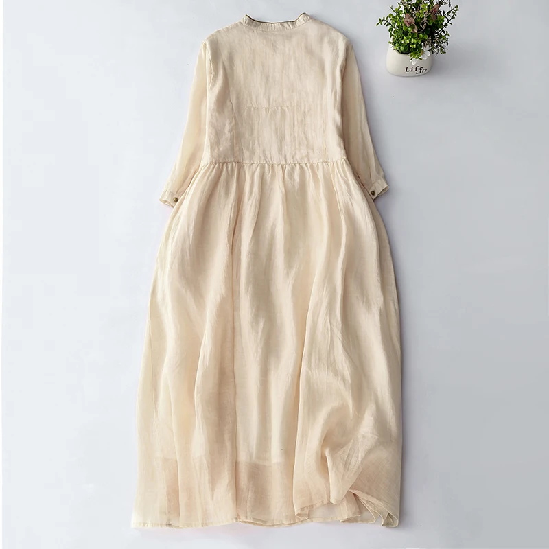 Nouveau chinois Sle été femmes forêt fille brodé coton Dr artistique rétro t-shirt quart Sve col montant Long D...