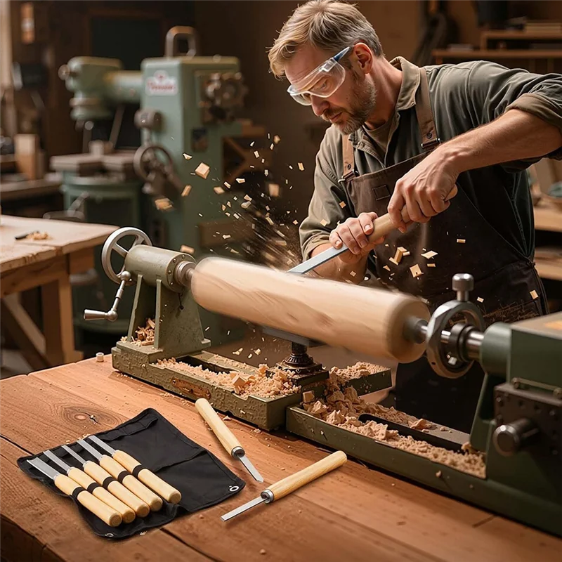 ABGE-For Woodworking For Wood Lathe Chisel Set-8PCS Carbon Steel Blade Tools Including Skew, Gouge, Spear Point