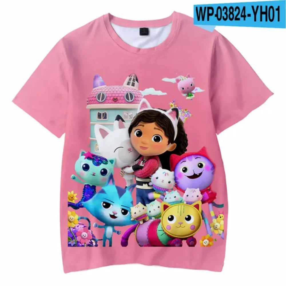 Anime Gabbys Dollhouse 3D Print Streetwear para Meninos e Meninas, Moda Casual Bonito, Camiseta extragrande, Crianças Tees, Tops Roupas