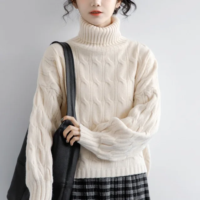 

2025 зимние новые кашемировые свитера в стиле ретро, водолазка, женский толстый пуловер, свободная базовая рубашка