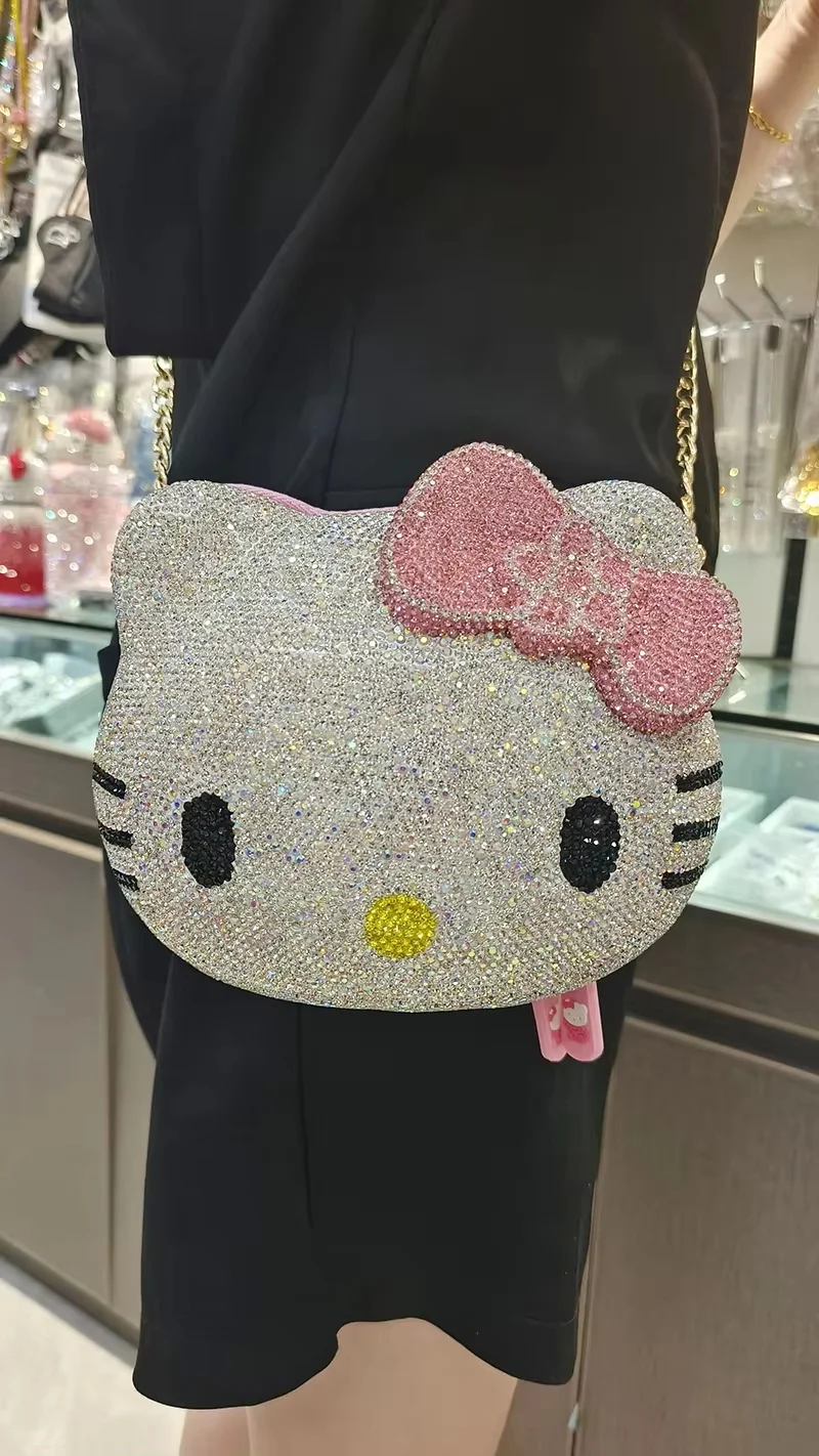 NEW Anime Hello Kitty Cartoon Shape Cartoon Full Of Diamonds Dinner Bag fashion Handmade Diamond-set Lady\'s Clutch Christmas Gif