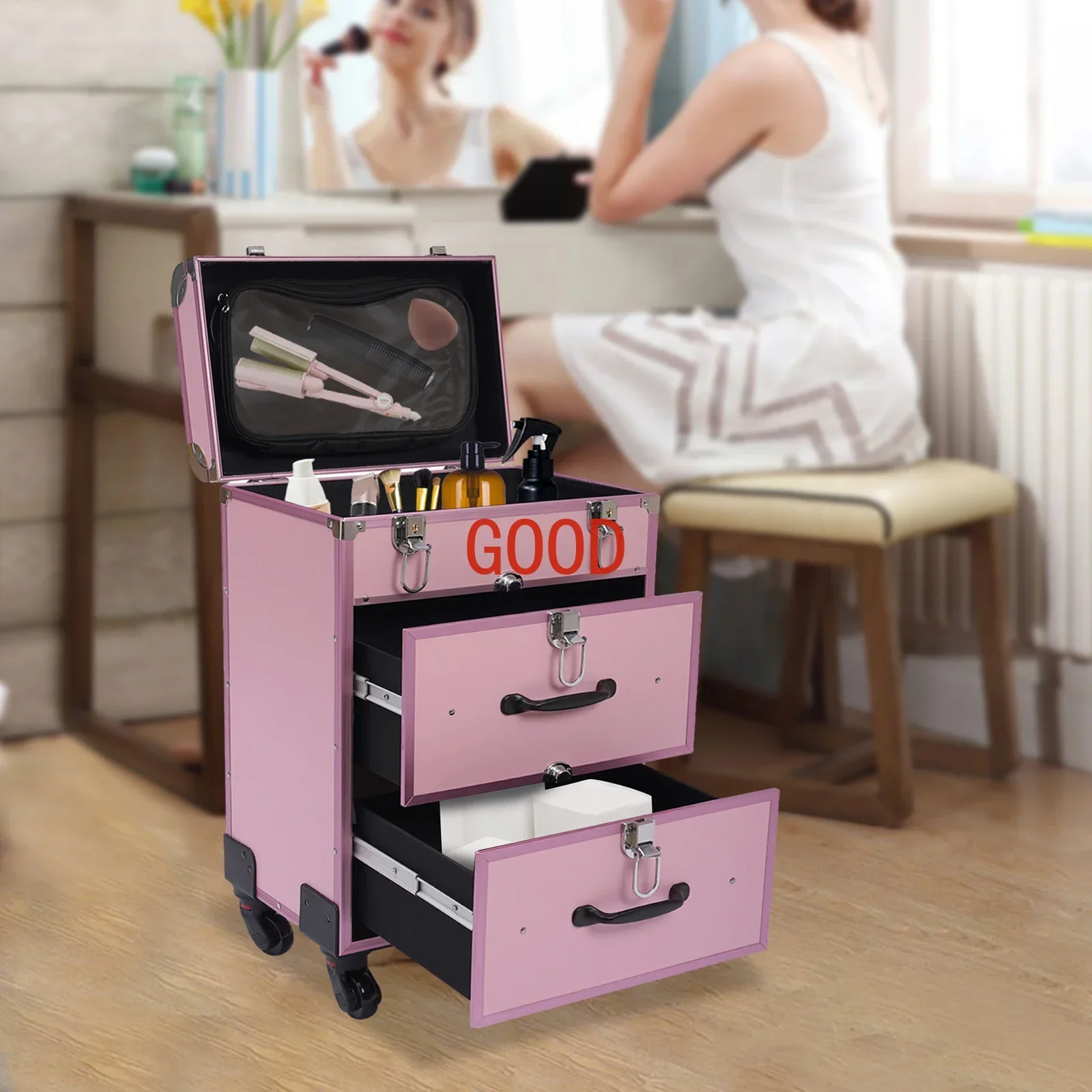 3-Tier Professional  Rolling Makeup Case Large Cosmetic Trolley W/Locks For Nail Art Hair Styling Travel Storage Pink/Black