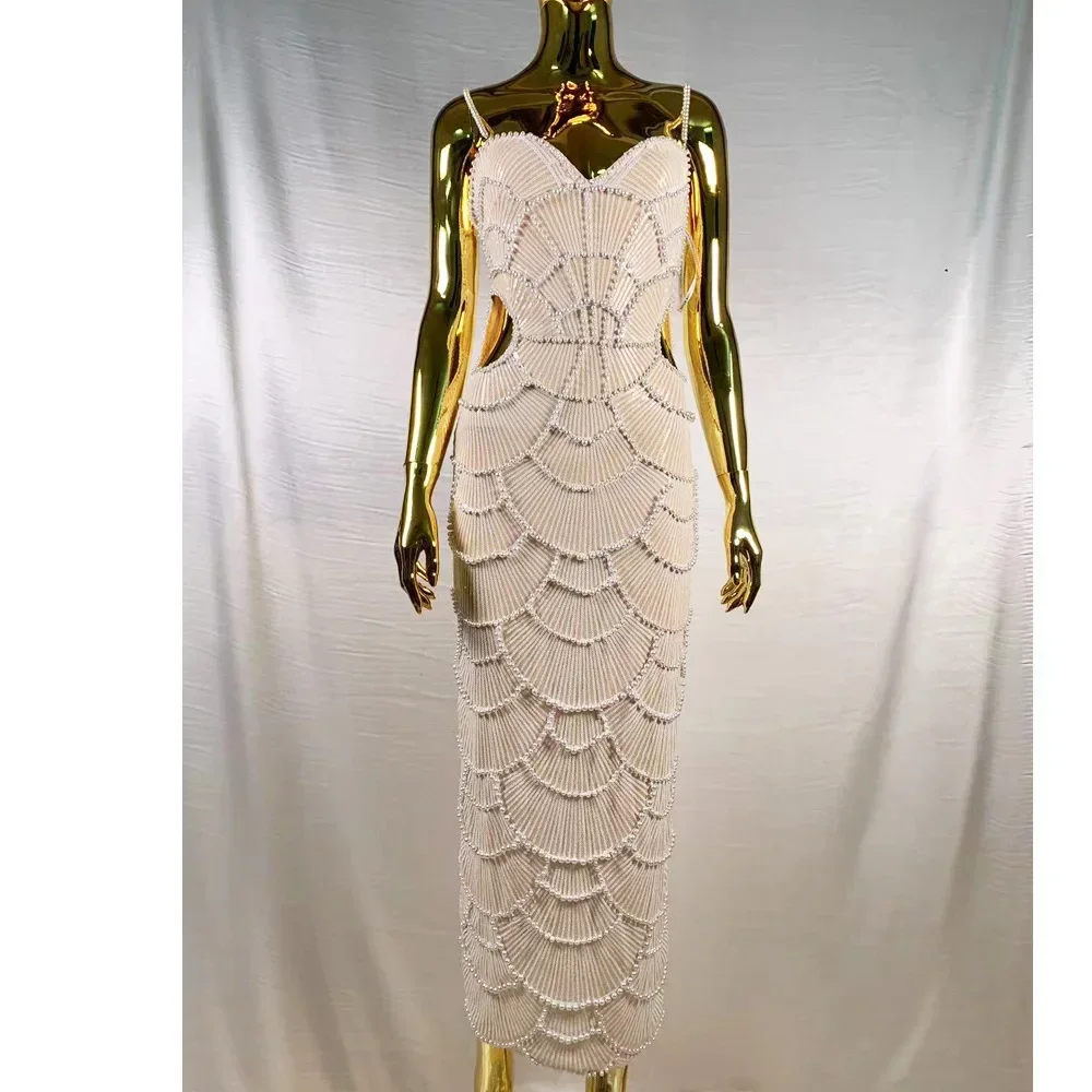 المرأة الفاخرة مثير الخامس الرقبة اللؤلؤ الأبيض الديكور قطع ماكسي طويل Bodycon فساتين عيد ميلاد أنيقة مساء فستان الحفلات والنوادي