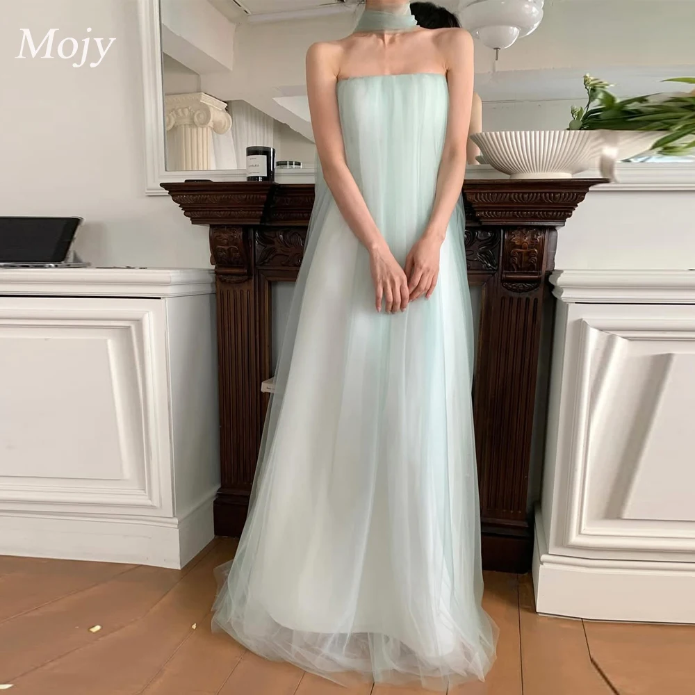 Mojy sans bretelles fée vert châle plissé corée robes de bal Tulle personnalisé a-ligne robes de soirée mariage séance Photo longueur de plancher