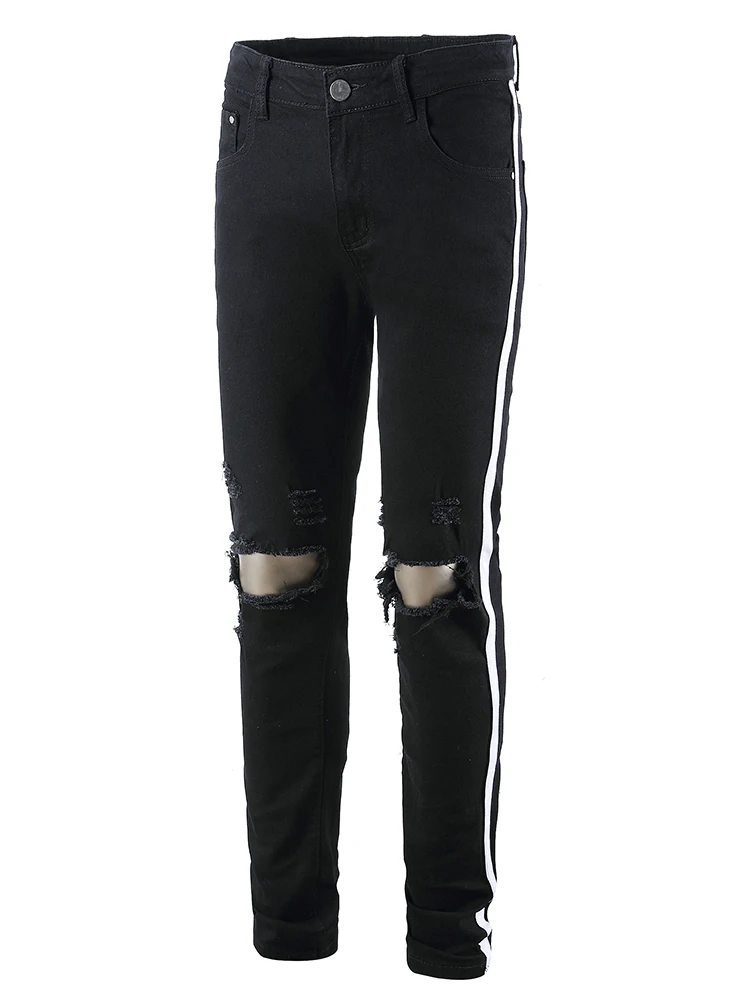 

Trendy Slim Fit Denim Pants with Weave Belt Men's Bla Elastic Knees Hole Small Foot Pants High Street Sle Cotton Elastic