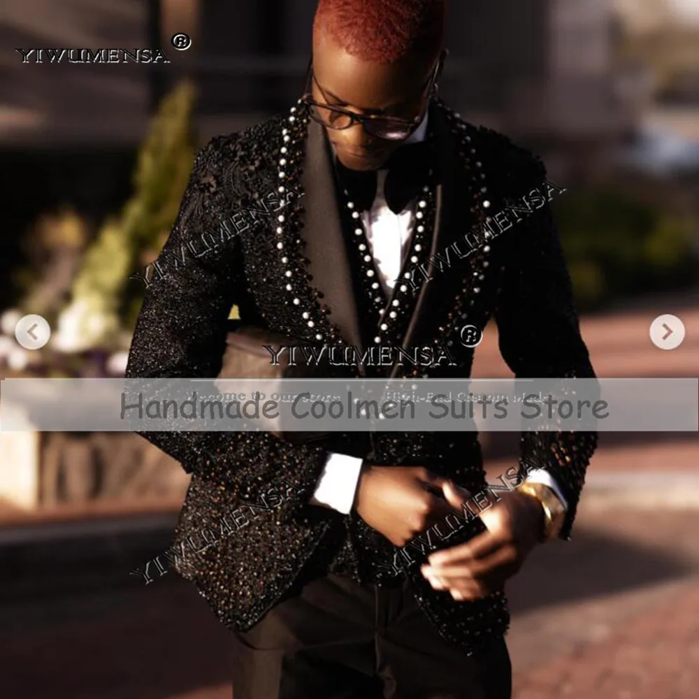 

Luxury Beads Stones Suits Men For Wedding Customized Shawl Lapel Prom Tuxedos Customized Man Banquet Party Dresses costume homme