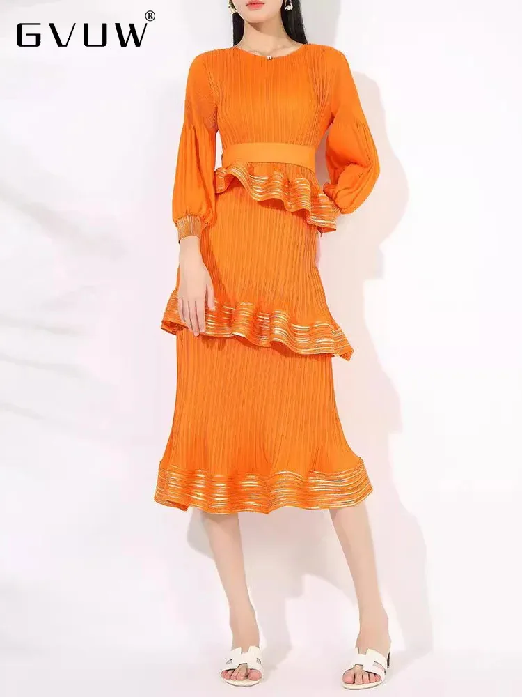 

GVUW плиссированное платье с оборками и принтом, женское платье с круглым воротником и длинными рукавами на шнуровке, новые вечерние элегантные длинные платья 17G8555