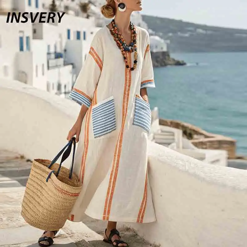

Vintage Dresses Woman Summer V Neck Loose Maxi Dresses Plus Size Women Long Dress Casual Printed Beach Holiday Dress Boho
