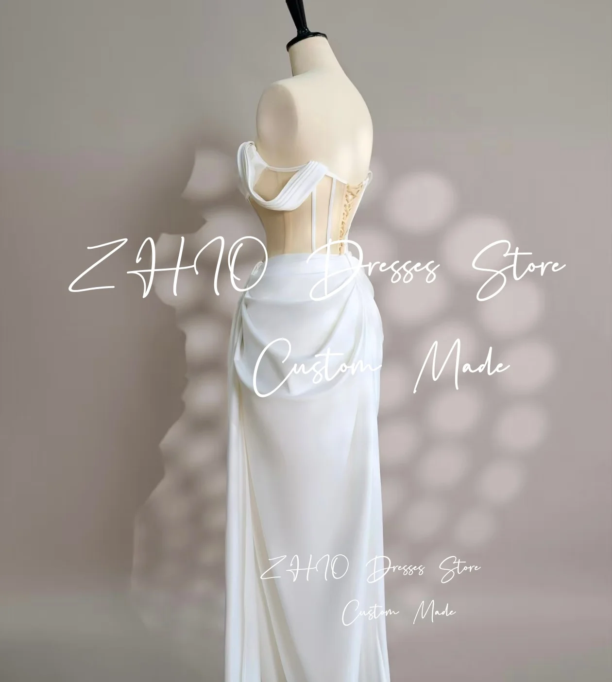 فستان سهرة أبيض أنيق من ZHIO بدون أكتاف مشد حورية البحر ذيل محكمة من الساتان مناسبة خاصة لحفلات الزفاف حسب الطلب