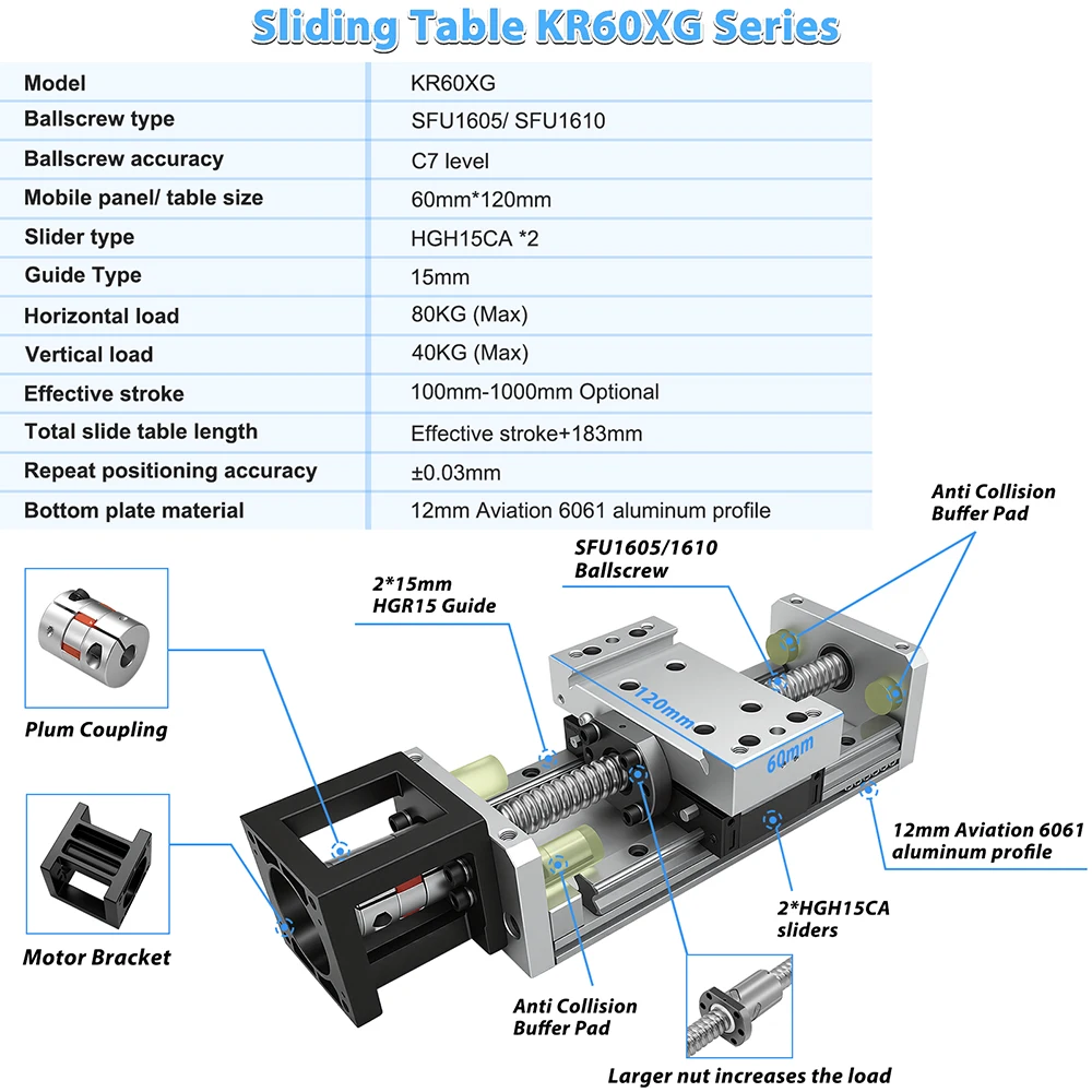 Linear Rail Guide 100~1000mm Stroke SFU1605/1610 Ballscrew Slide Module For 57/86 Motor 60/80 Servo Or With Handwheel XYZ Axis
