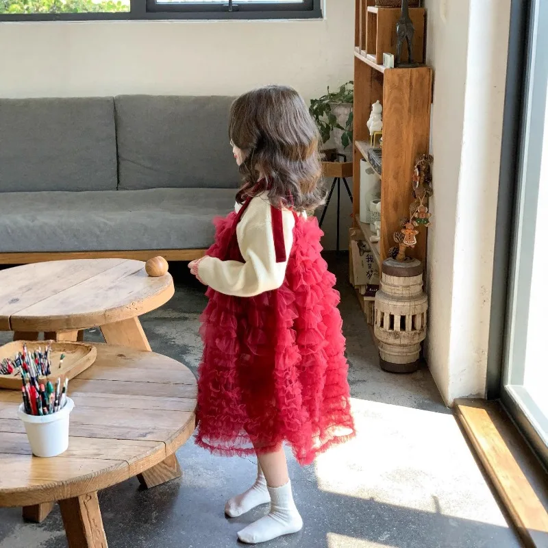 

Платье для девочек, осень-зима 2024, модное милое милое красное новогоднее рождественское бархатное сетчатое многоуровневое платье принцессы с завязками