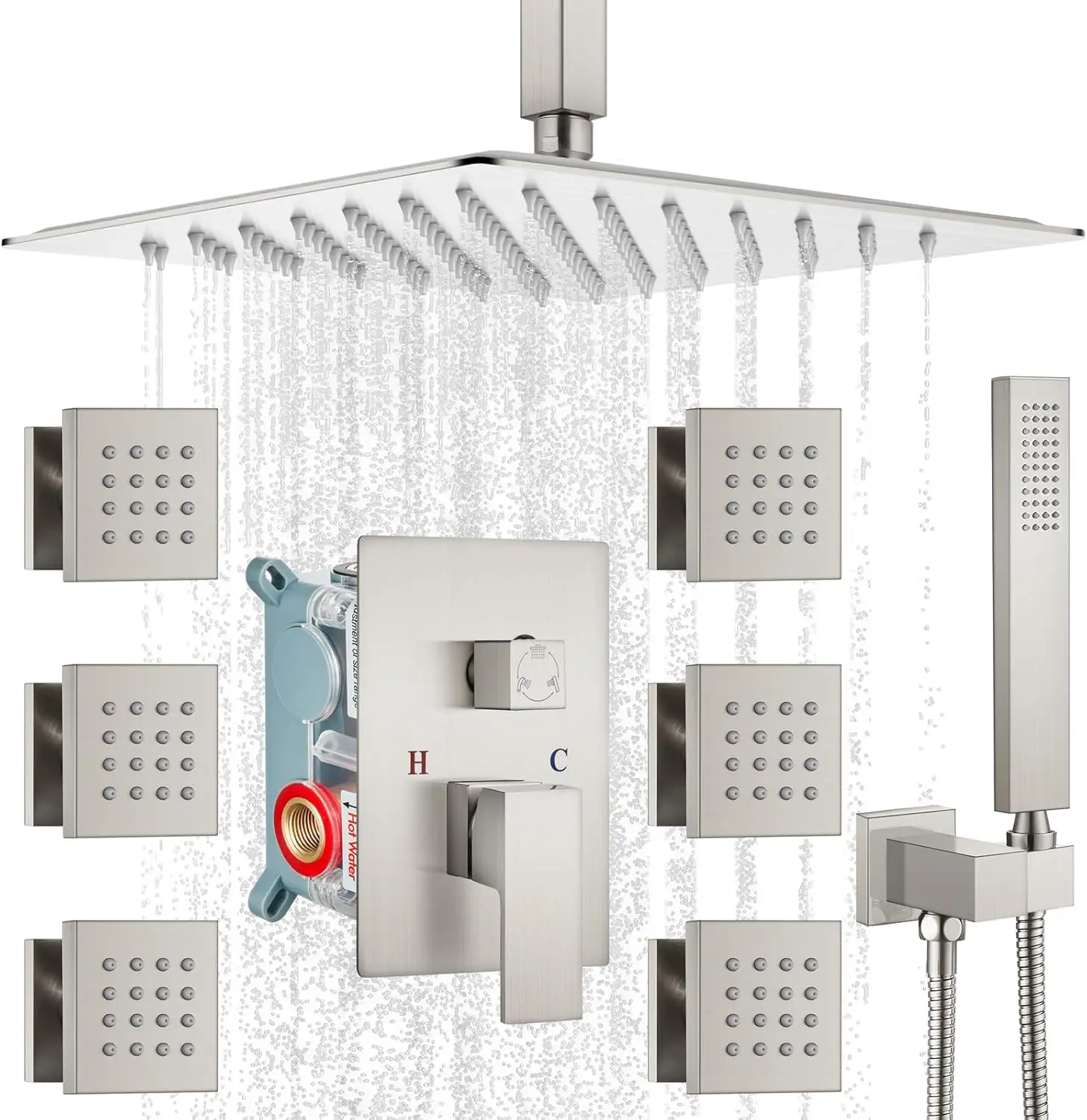 Gotonovo Ceiling Mounted Rain Mixer Shower Faucet Set Brushed Nickel 12 Inch Square Rainfall Shower Head With 6 Body Spray Jets